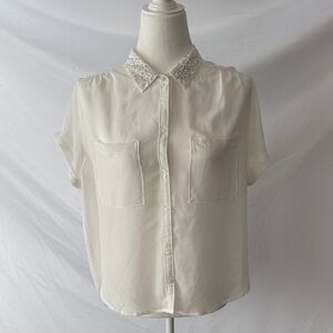Abercrombie & Fitch White sheer Button Down Shirt with Sequin Collar
